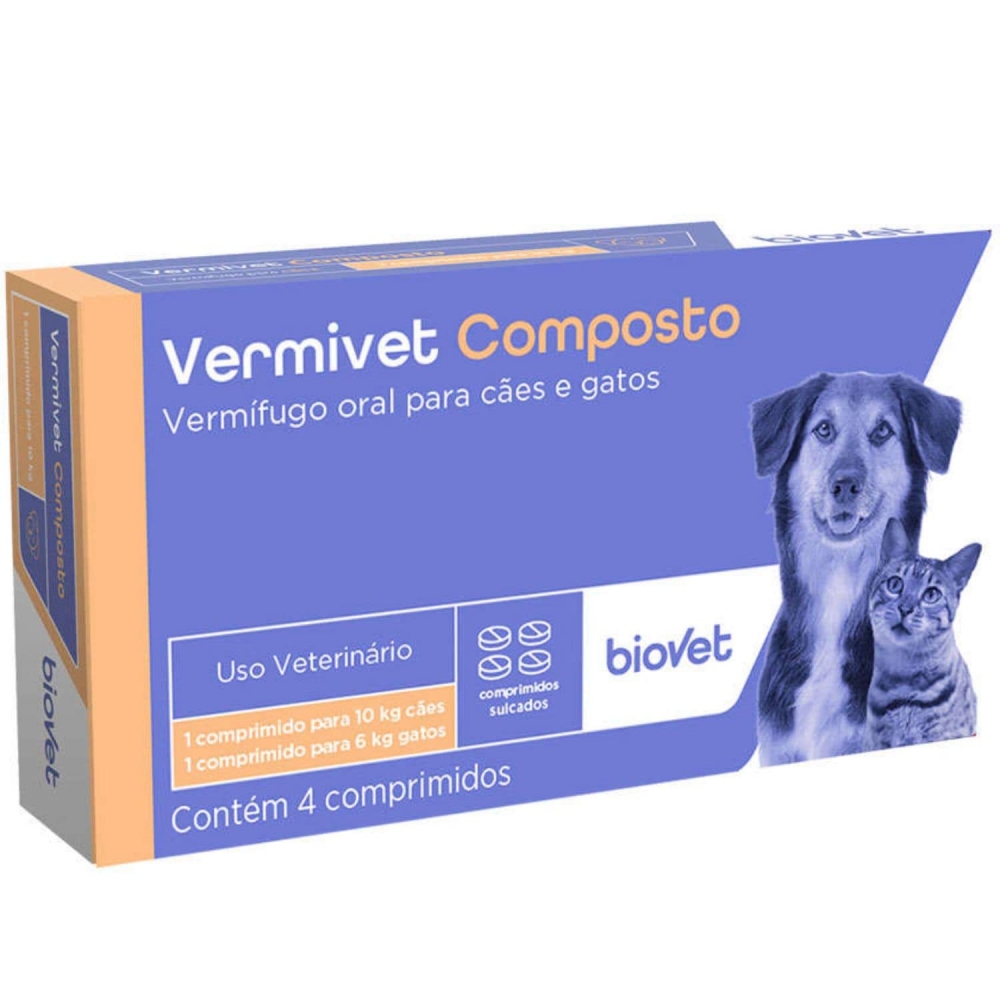 Vermífugo Biovet Vermivet Composto Cães E Gatos 600mg 4 Comp
