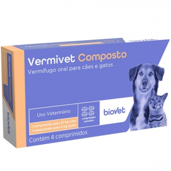 Vermífugo Biovet Vermivet Composto Cães E Gatos 600mg 4 Comp