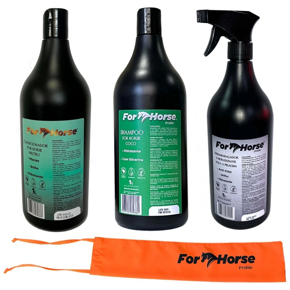 Kit For Horse Shampoo Condicionador Spray 1L e Saco Rabeira