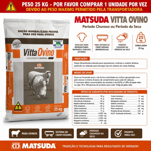 Vitta Ovino 25kg Suplemento Mineral para Ovinos Matsuda