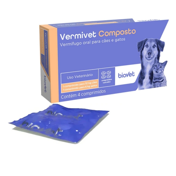 Vermífugo Biovet Vermivet Composto Cães E Gatos 600mg 4 Comp